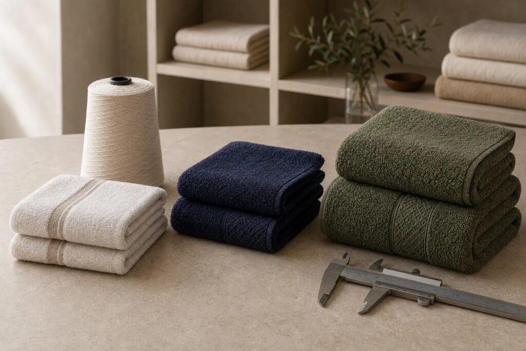 Towel samples in three GSM weights with cotton yarn and measuring tools