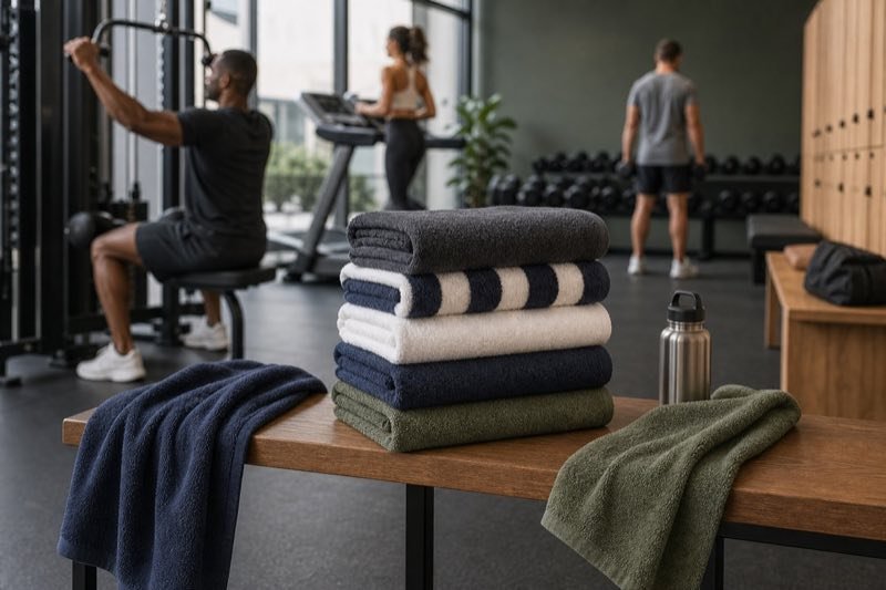 Commercial gym towels in active use