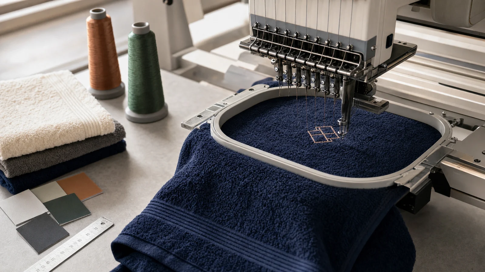 Modern embroidery machine stitching a custom monogram on a navy towel