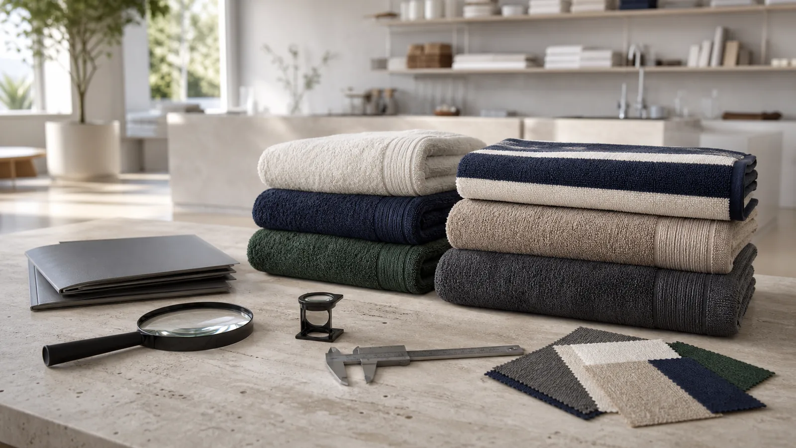 Towel samples and measuring tools arranged for textile certification review