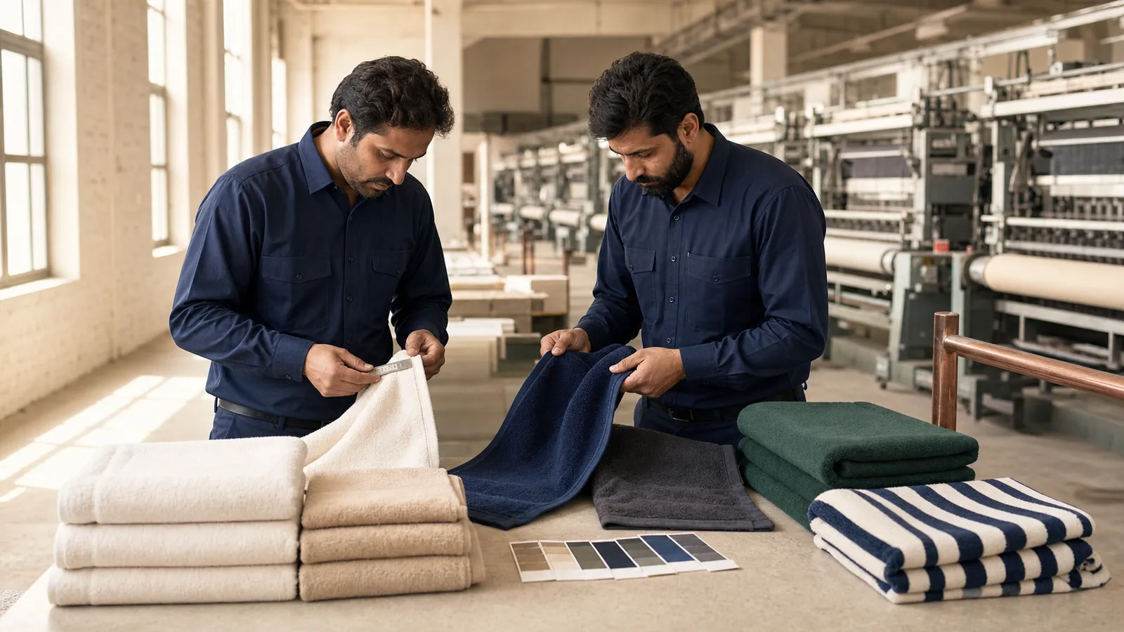 Uniformed textile staff reviewing towel quality beside modern production equipment