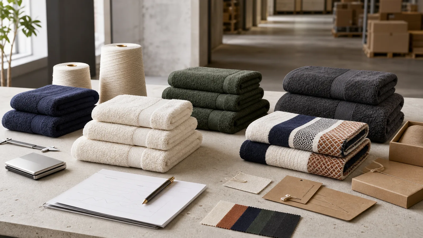 Wholesale towel samples arranged with GSM swatches and pricing tools