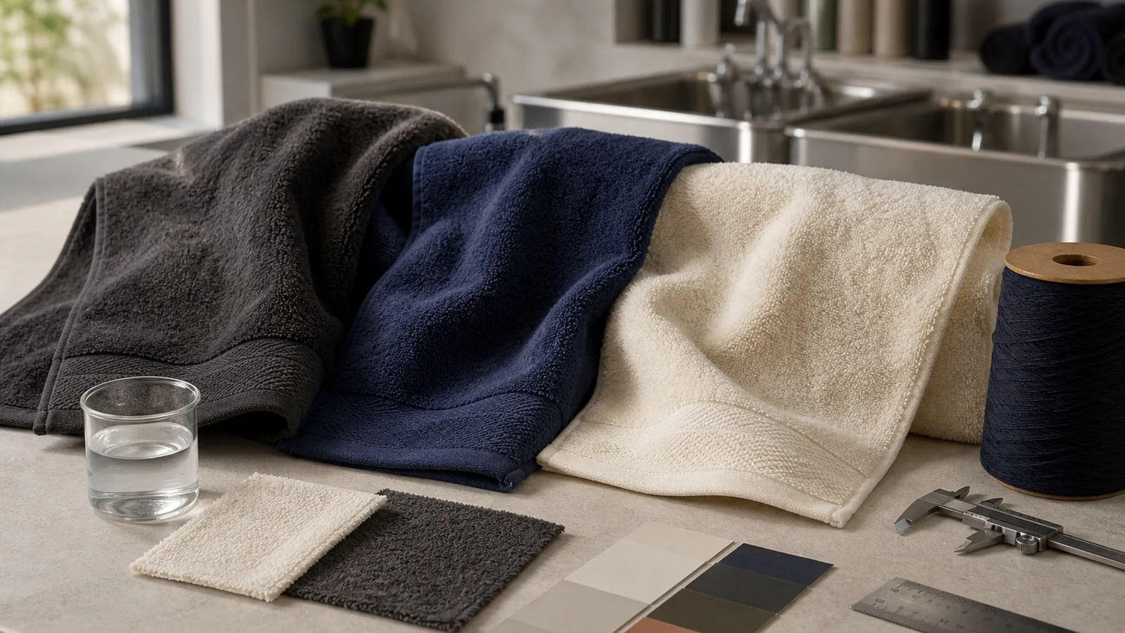 Bleach-resistant salon towel samples arranged for wholesale quality testing