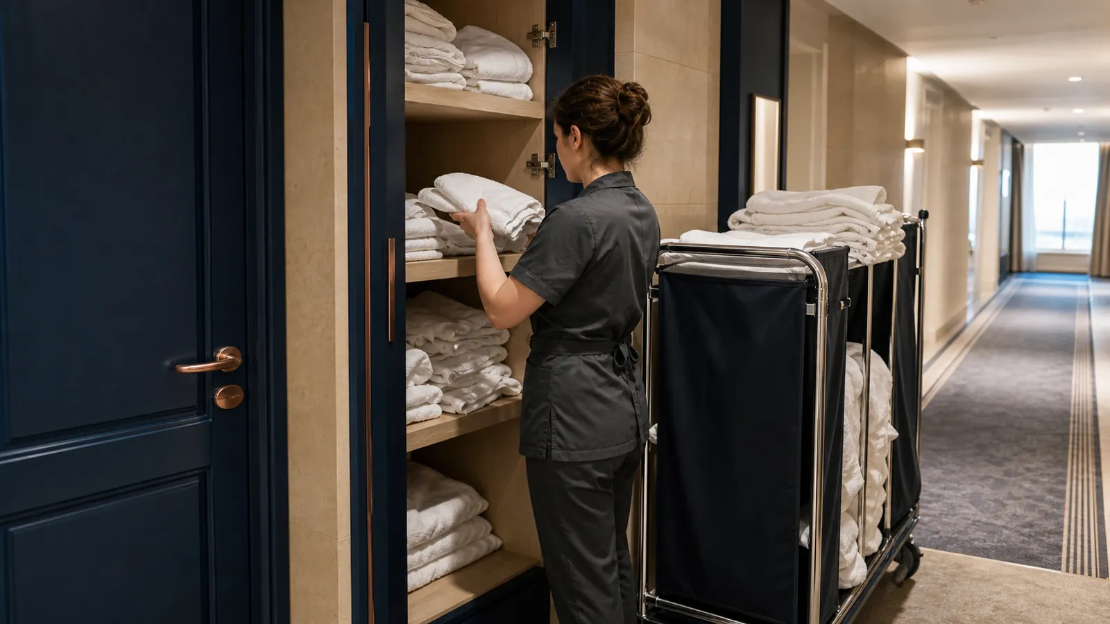 Hotel housekeeper restocking wholesale bath towels in a linen cabinet