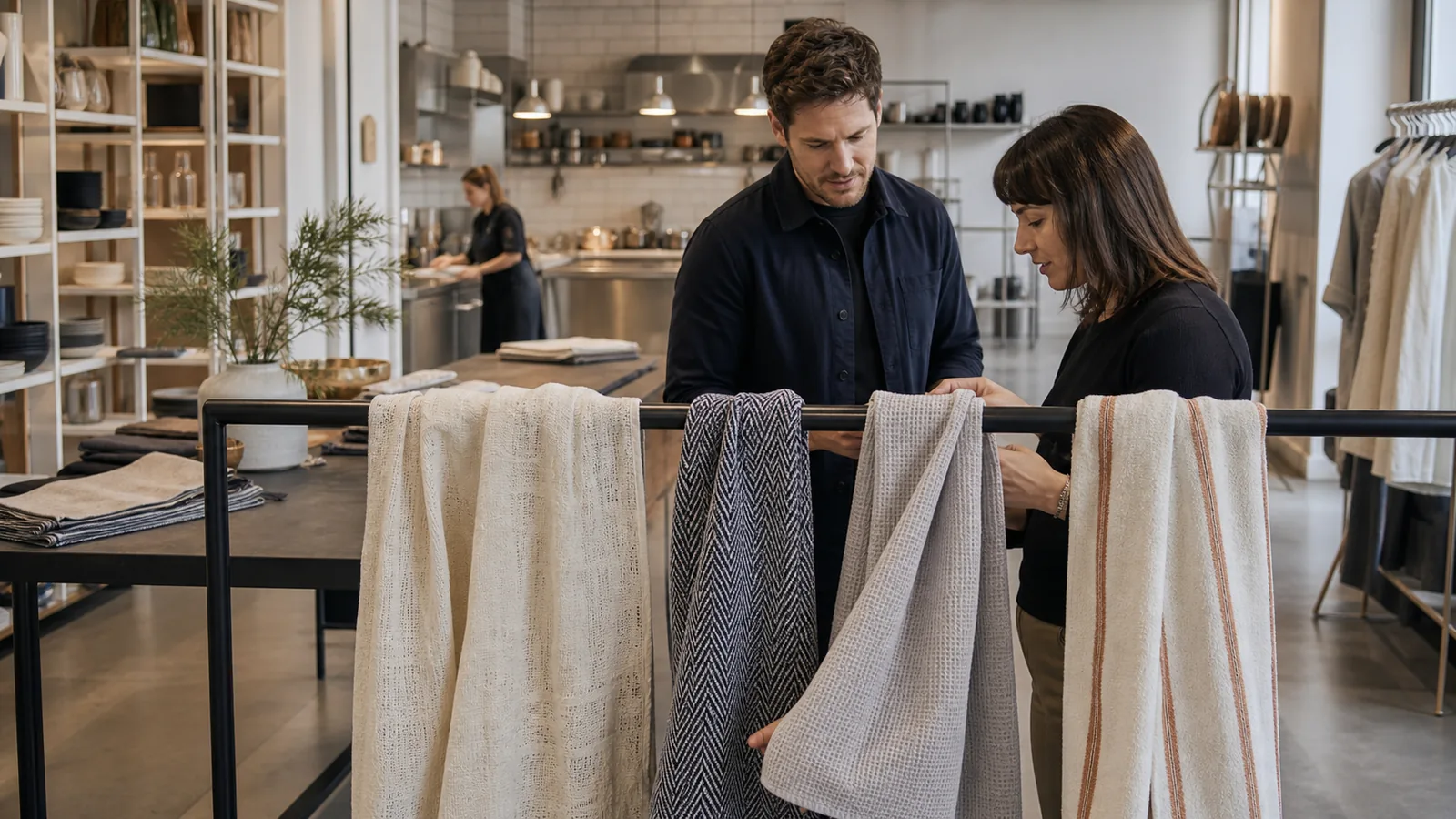 Textile buyers comparing wholesale kitchen towel weaves in a modern sample room