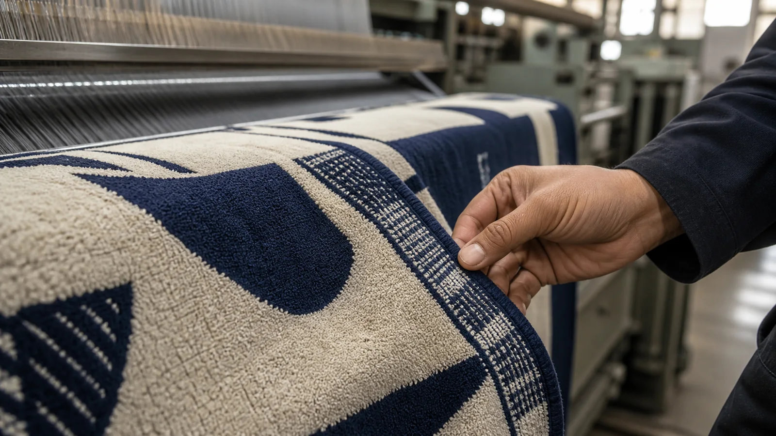 Textile technician inspecting a custom jacquard towel pattern on a modern loom