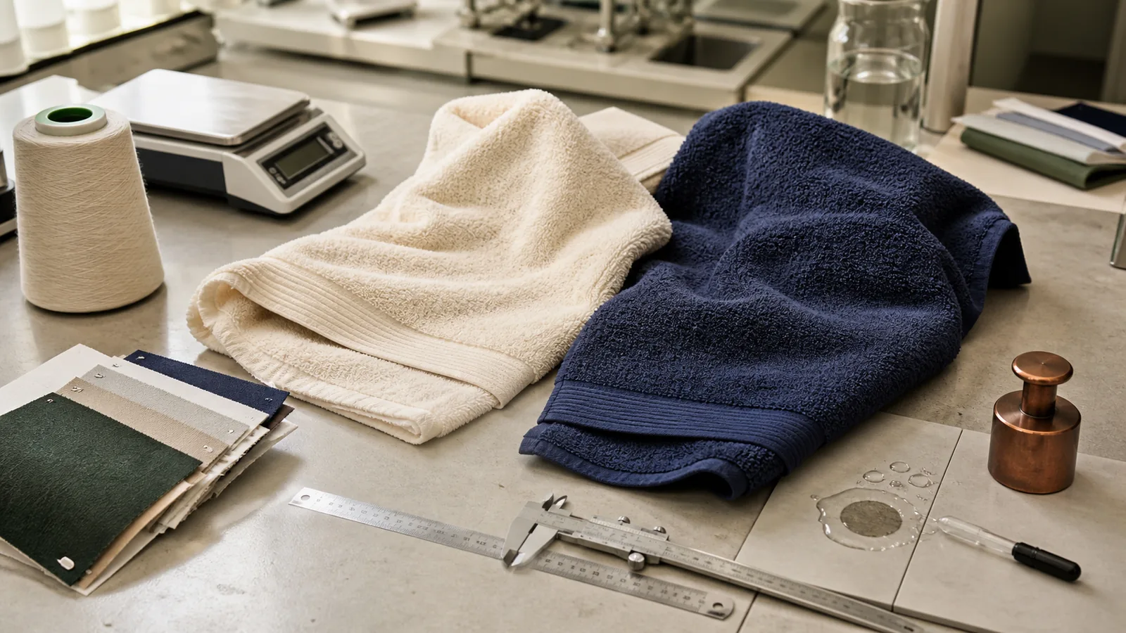 Wholesale towel samples arranged with measuring tools for quality testing