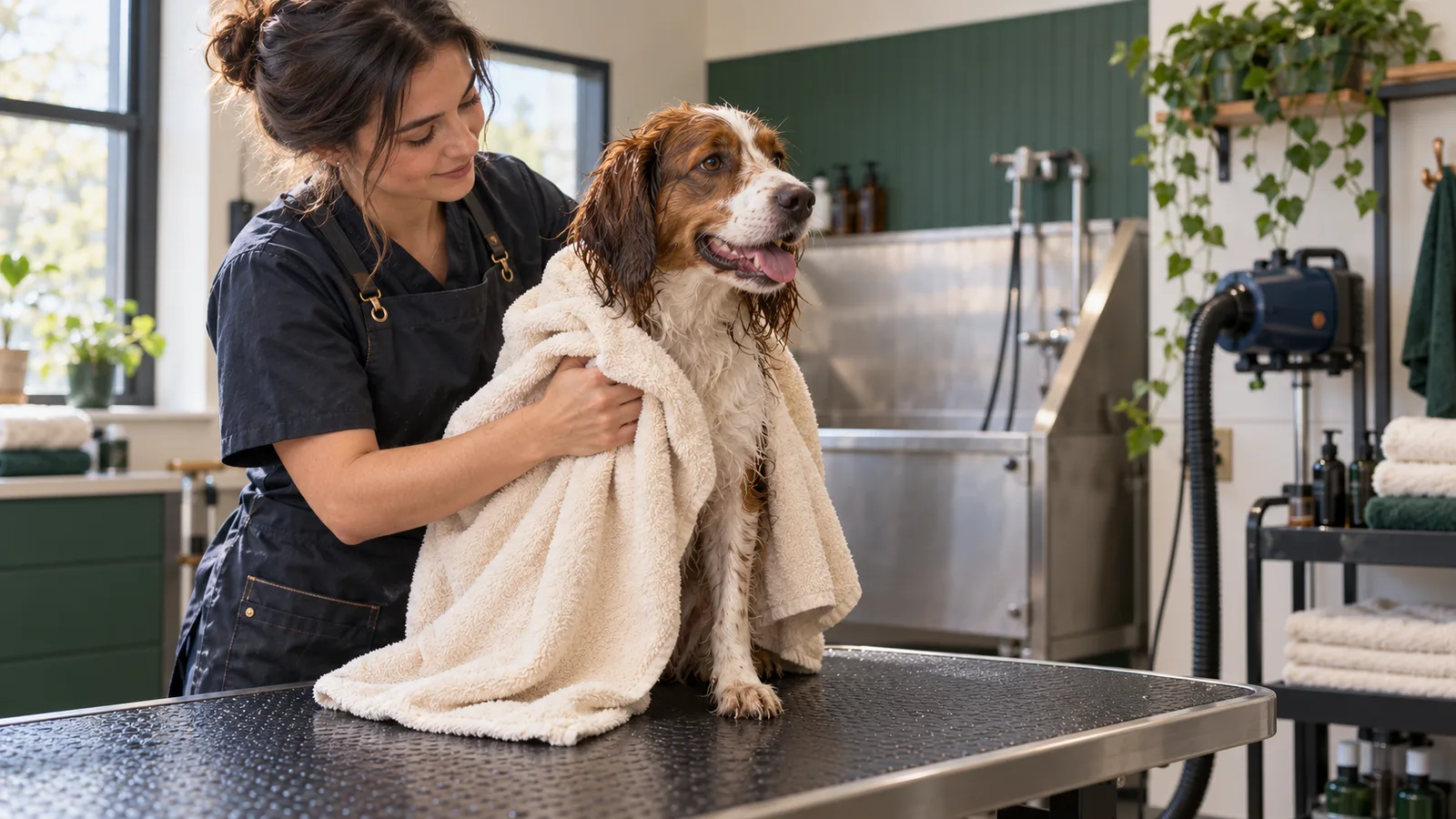 Dog groomer drying a calm wet dog with a cream commercial terry towel