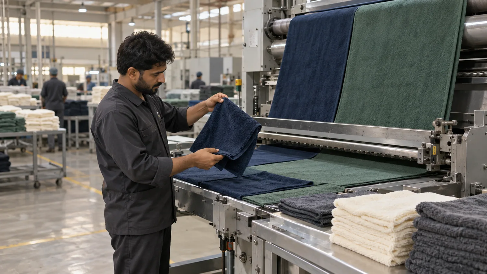Textile operator inspecting microfiber detailing towels on a finishing line