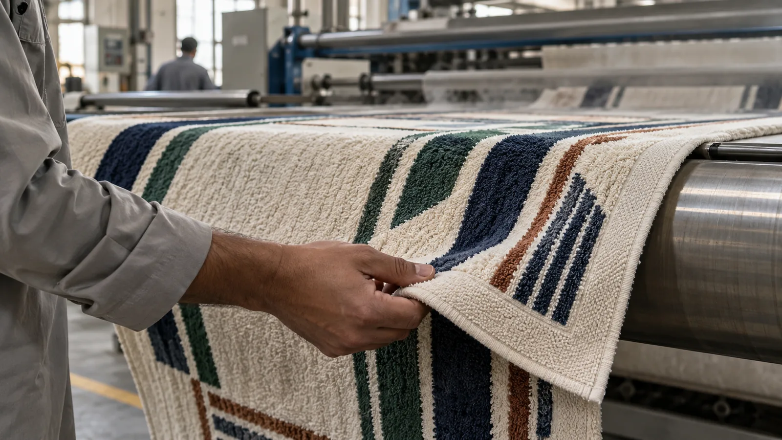 Textile technician inspecting a custom printed beach towel on a finishing line